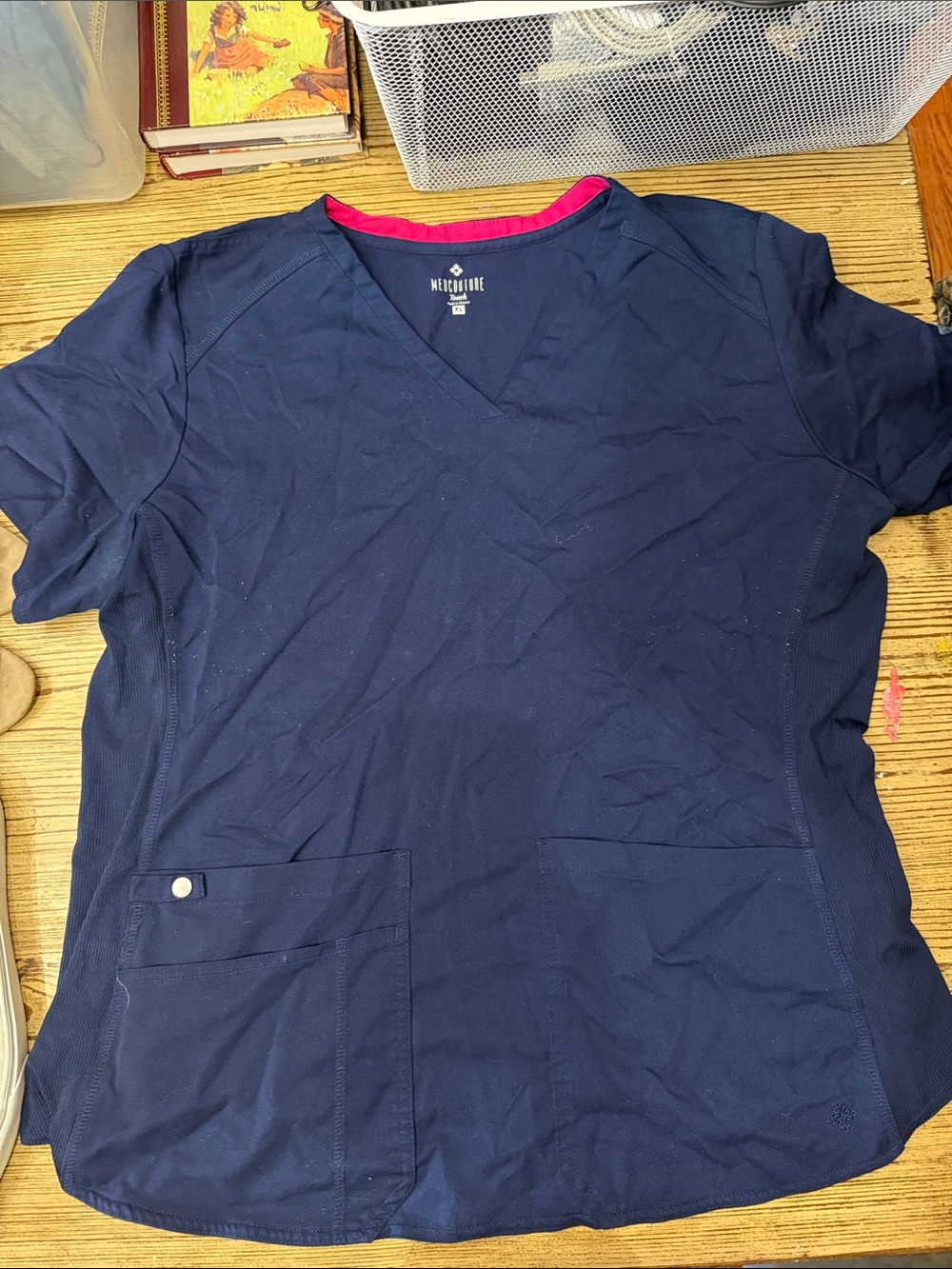 Med Couture Navy Scrub Top with Pink Neck Trim